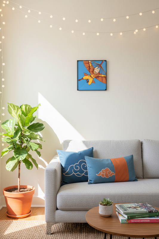 Framed 3D printed Aang flying on air glider wall art hung in a bright cheerful Avatar fan bedroom or living space