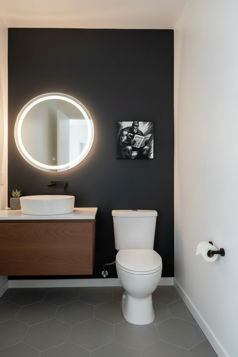 Framed 3D printed Batman on Toilet wall art hung in a trendy dark-walled half bathroom, styled for a playful Airbnb or 20-something home