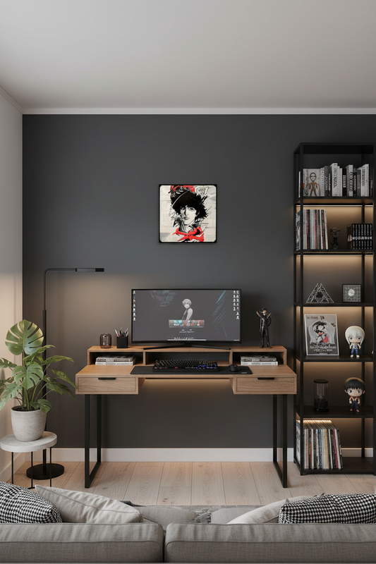 Framed 3D printed Cowboy Bebop Spike Spiegel wall art hung in a cool modern anime fan apartment or home office
