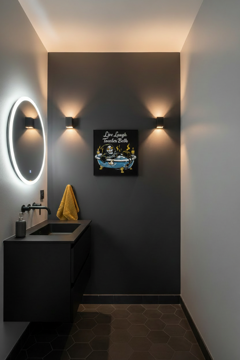 Framed 3D printed Live Laugh Toaster Bath wall art hung in a trendy dark-walled half bathroom, styled for a playful Airbnb or 20-something home